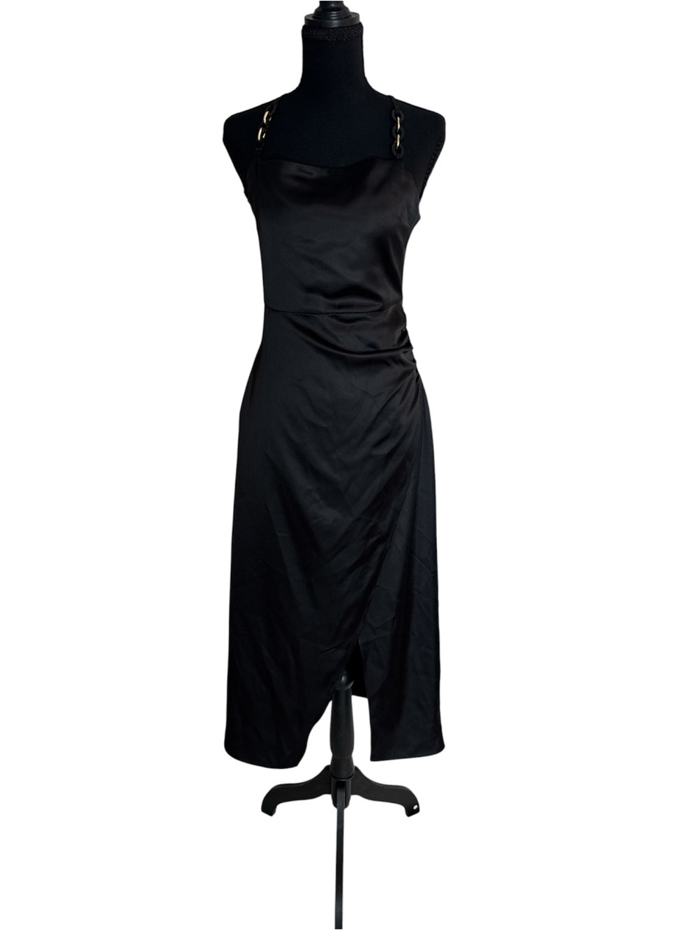 Zara Black Satin Midi Dress with Chain-Detail Straps